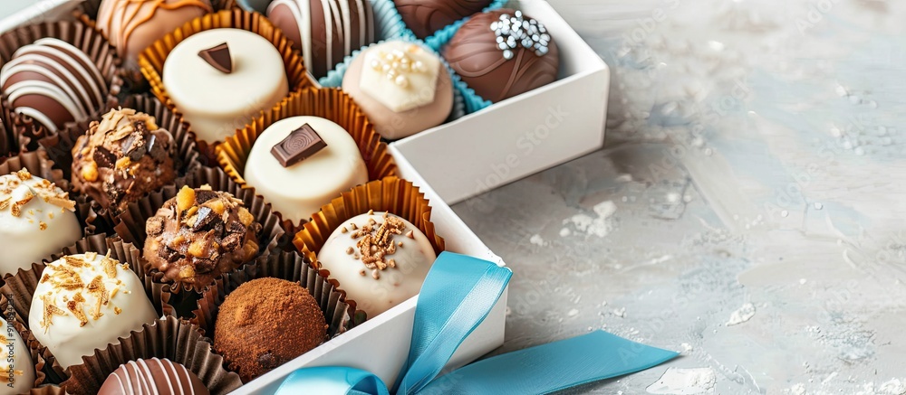 Poster a variety of cakes in a white box with a blue ribbon and bow including honey cake napoleon cake pige