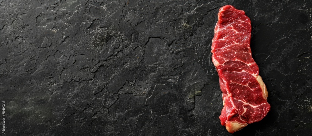 Leinwandbilder view from above of a raw striploin steak on black stone backdrop with space for text or image. creat