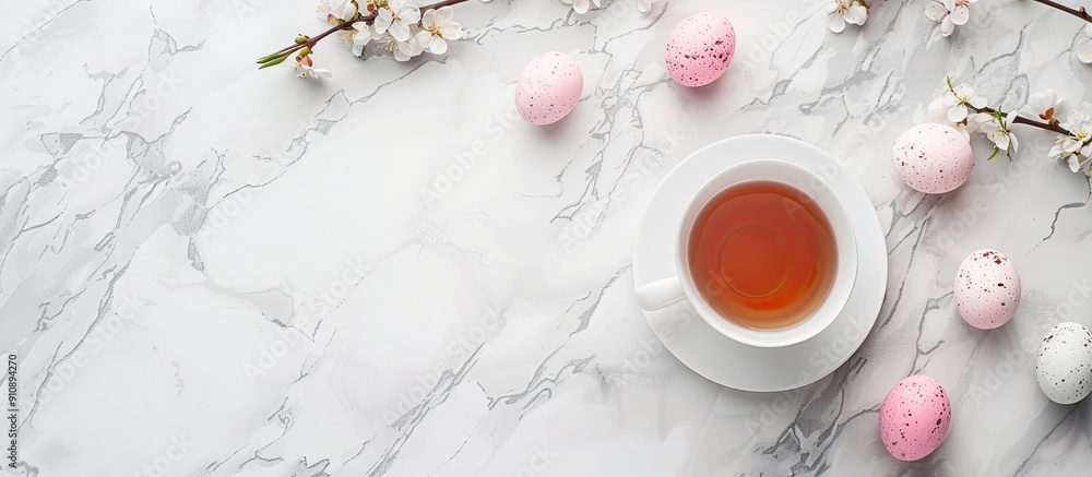 Aufkleber easter themed mock up featuring a teacup flowers and marble background with copy space image