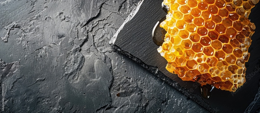 Aufkleber honey drizzled over honeycomb on a slate board with room for a copy space image