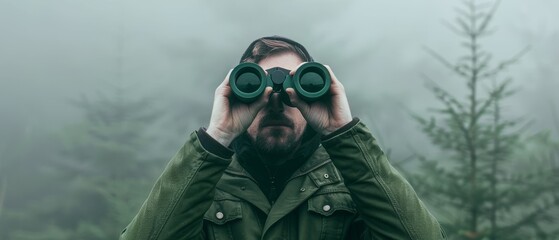 man in a green jacket using binoculars to look out into a foggy forest, exploration, discovery, adventure, nature, hiking, camping, observation