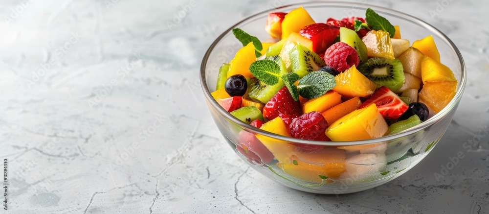 Poster fruit salad displayed in a glass bowl on a white table with copy space image