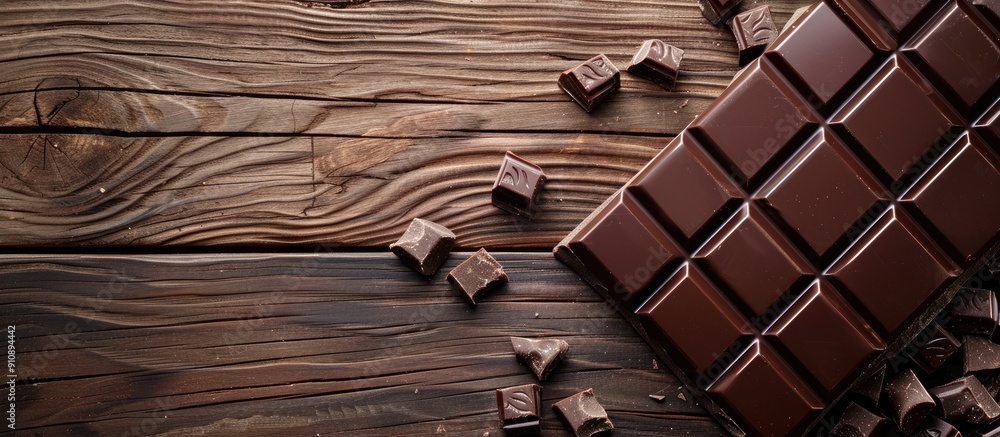 Aufkleber Mouthwatering milk chocolate on rustic wooden surface arranged from above for text placement Ample copy space image
