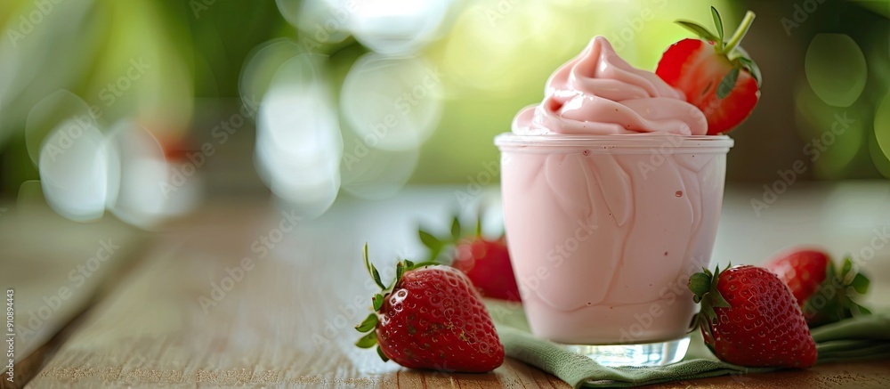 Aufkleber Selective focused strawberry yogurt displayed on a table with copy space image