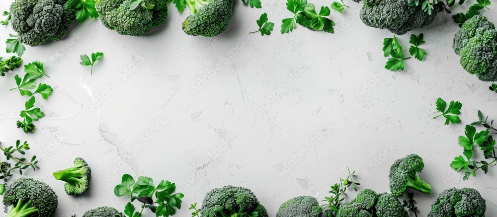Aufkleber Fresh green broccoli in a flat lay arrangement on a light background with a designated area for additional text or images known as copy space image