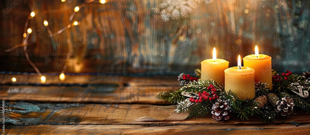 Fototapete old wooden table with an advent wreath featuring four candles creating a cozy festive atmosphere wit