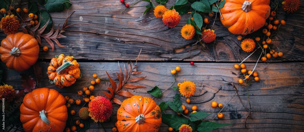 Sticker fall themed decorations on a wooden table include pumpkins rowan and flowers creating an autumnal co