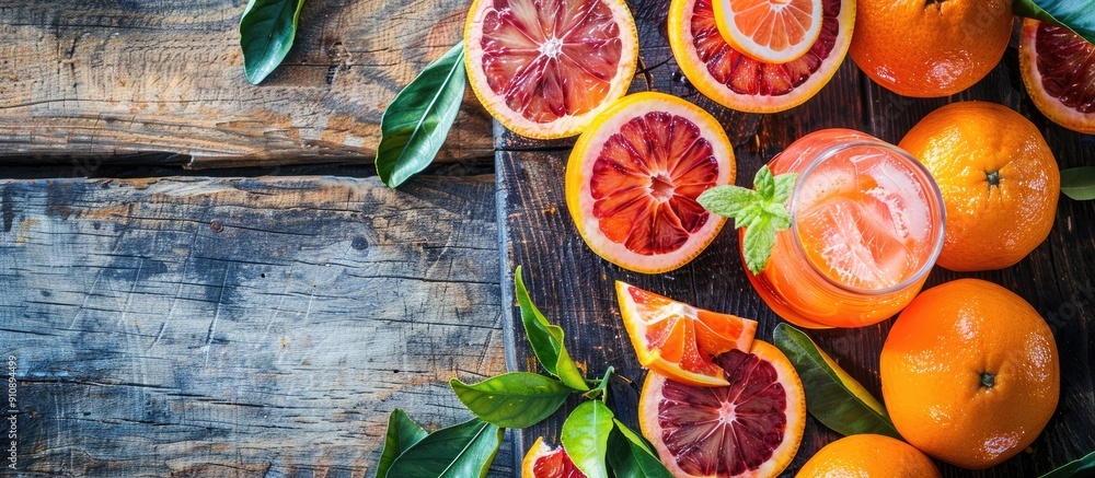 Poster copy space image featuring a summery citrus beverage made with classic and red sicilian oranges arra