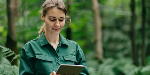 young female ecologist using tablet computer in lush forest for environmental monitoring and data collection.