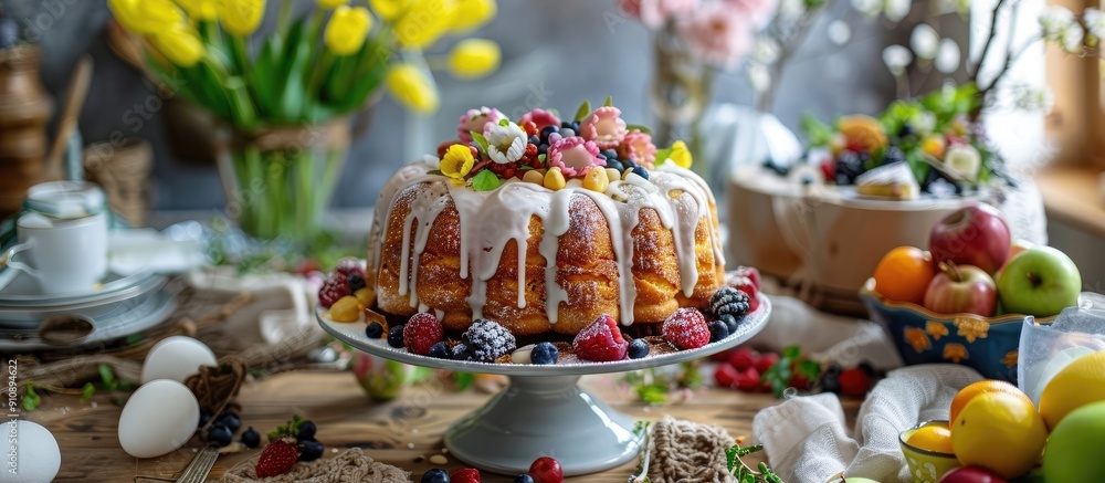 Poster festive homemade easter kulich cake displayed on a table featuring a copy space image with a backdro