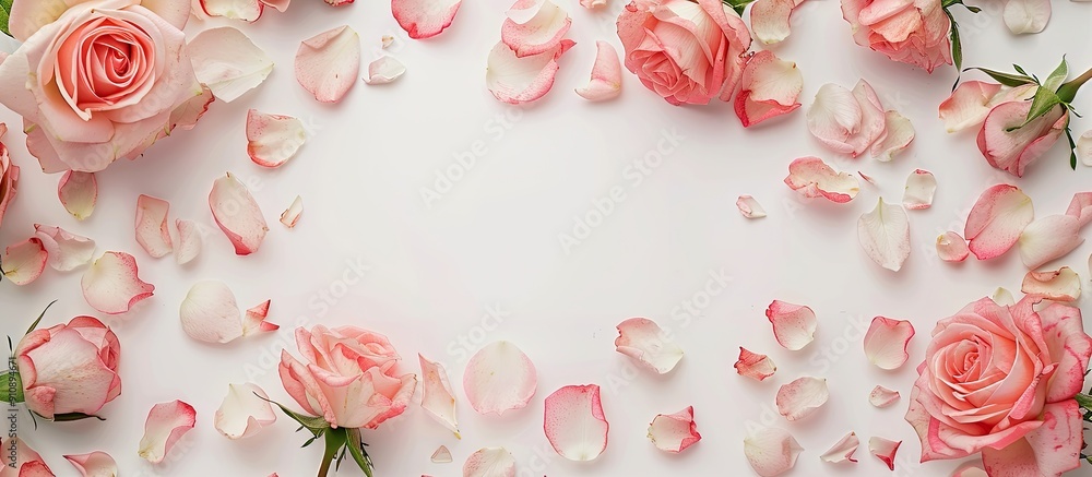 Poster Top view of a frame created with rose flowers against a white backdrop ideal for flat lay design with available copy space image