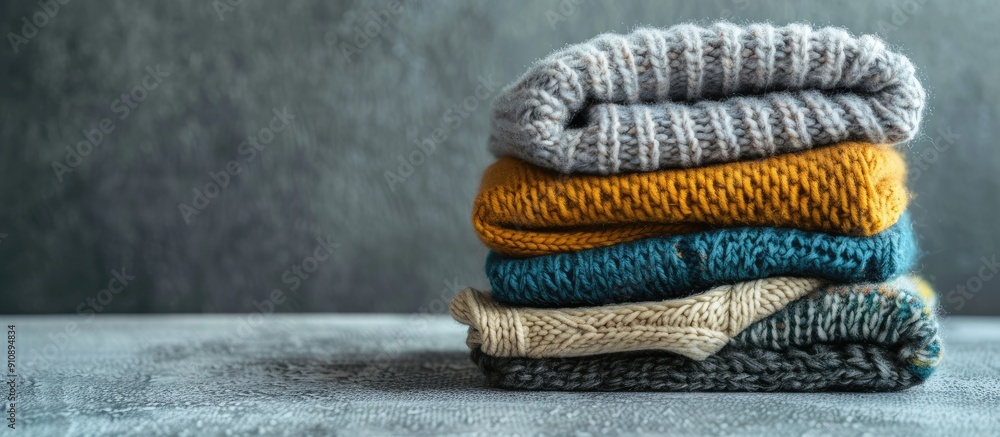 Aufkleber folded knitted sweaters stacked neatly on a grey table with ample copy space for text in the image