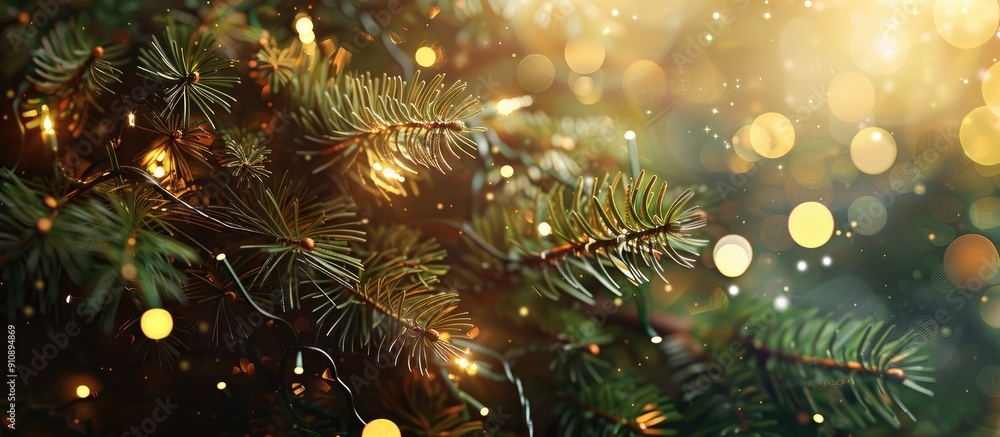 Poster A seamless texture showcasing fir tree branches adorned with lovely Christmas lights and bokeh ideal as a background for holiday design concepts with copy space image