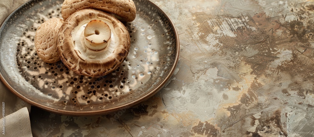 Sticker A rustic top view image of a champignon slice on a plate set on a table with a copy space food background showcases a delightful mushroom snack or meal