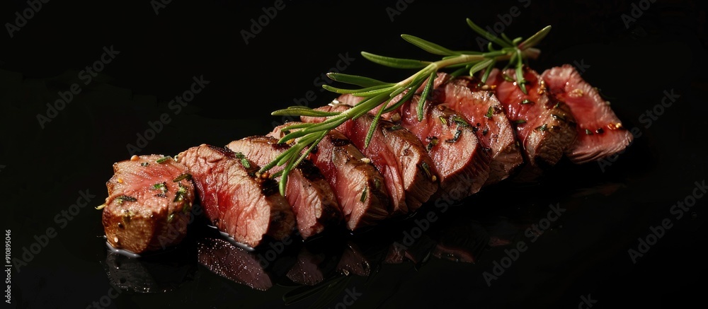 Poster a sliced beef steak garnished with a sprig of rosemary stands alone on a black backdrop offering amp