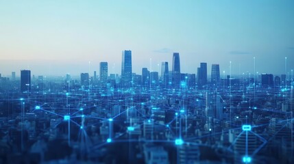 A futuristic city skyline with a network of connections, symbolizing technology, innovation, and digital transformation.