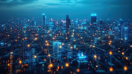 A stunning cityscape at dusk, showcasing illuminated buildings and a network of lights, symbolizing urban connectivity.