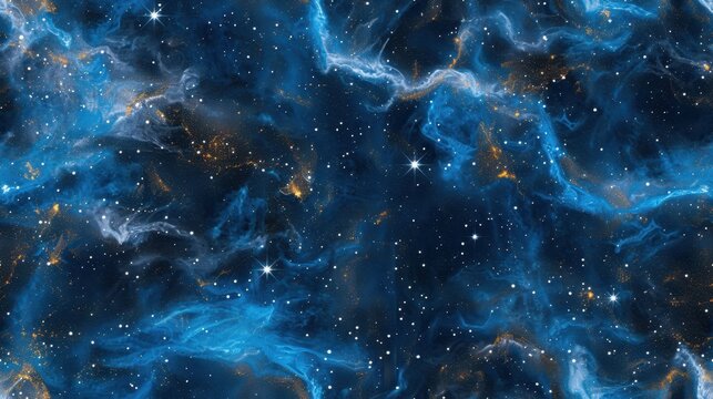 Vibrant blue cosmic space seamless pattern scene with glowing stars and nebulas. Perfect for astronomy, science fiction, and fantasy themes.
