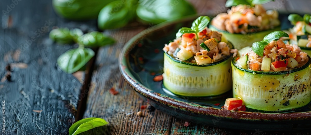 Poster Minced chicken and veggies fill zucchini columns on a plate against a dark wood backdrop with copy space image