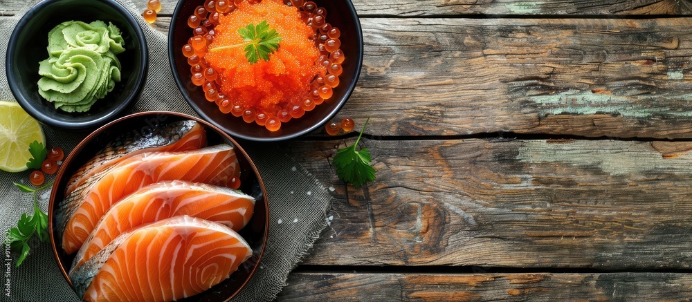 Poster salmon don sashimi raw salmon roe and wasabi arranged on a wooden table with a clear area for text o