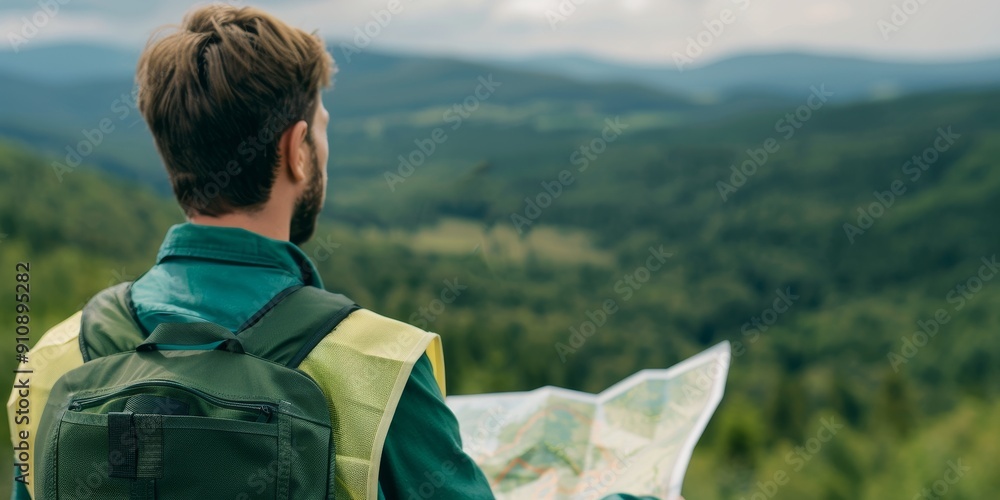 Poster backpacker exploring nature with a map and backpack, discovering new hiking trails and scenic views 