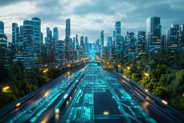 Naklejka premium AIdriven world, autonomous systems, futuristic urban landscape, holographic displays