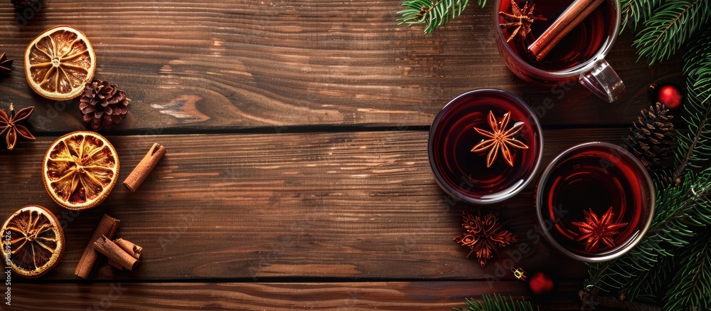Poster wooden table hosting delightful mulled wine with ample copy space image