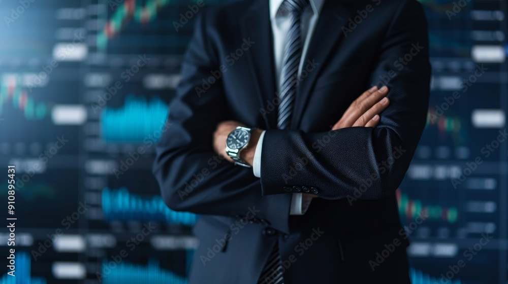 Poster confident businessman in suit with arms crossed standing in front of financial data charts and graph