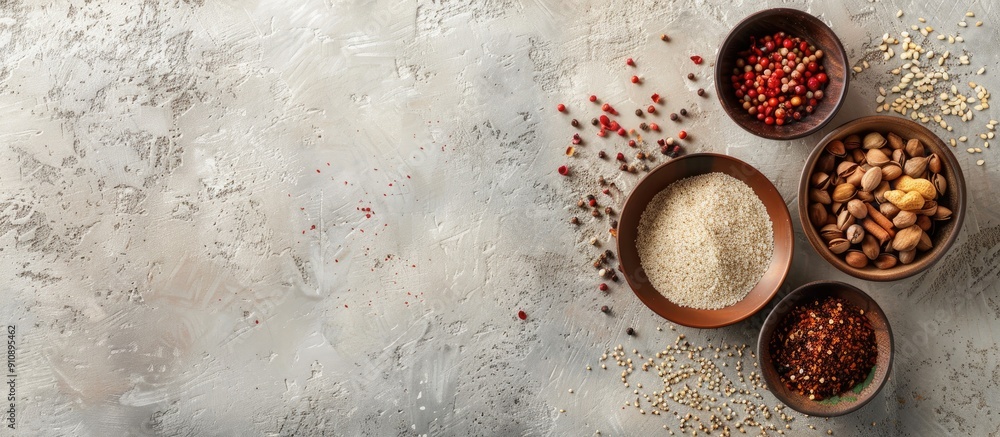 Leinwandbilder Top view of various spices and nuts in a bowl on a textured light gray table with room for text in the image. Creative banner. Copyspace image