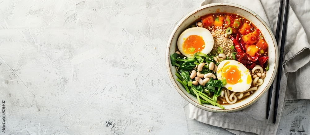 Poster a vegetarian ramen bowl with chopsticks on a bright table leaving room for writing next to a copy sp