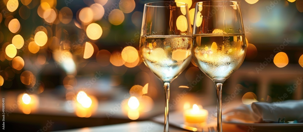 Poster romantic date with candlelit ambiance and white wine is set featuring a copy space image