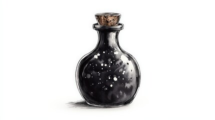 A mystical black potion bottle adorned with a cork top and shimmering star-like specks, perfect for fantasy-themed projects.