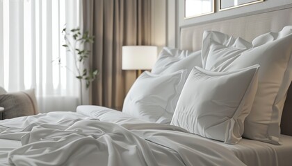 Elegant Bedroom Interior with Plush Pillows, Crisp White Bedding, Bedside Lamp, Serene Ambiance, Stylish Home Decor, Quiet Luxury