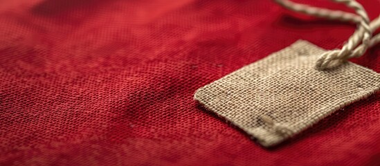 Red cotton shirt fabric with white clothing tag label on a copy space image
