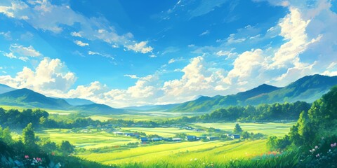 Fototapeta premium Enchanting Anime-Style Summer Landscape: Epic Perspective of Vibrant Scenery with Lush Nature and Warm Sunlight. Creative AI-Generated 4K Wallpaper Capturing the Essence of a Perfect Summer Day for Ad