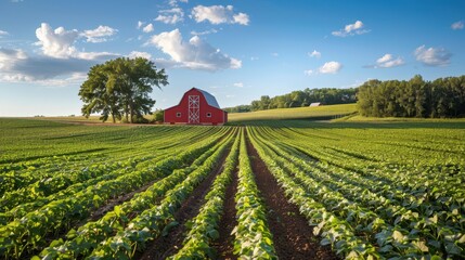 Wide view of a lush green farm field with rows of crops and a large red barn in the background under a clear blue sky. Rural landscape concept.