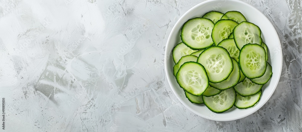 Poster White bowl filled with cucumber slices against a copy space image