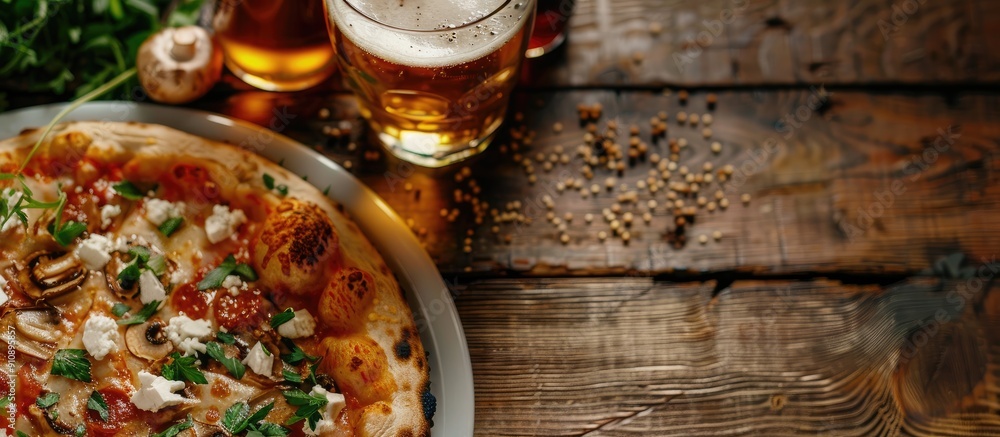 Poster Scrumptious pizza topped with a mix of cheese and mushrooms served with beer on a table with copy space image