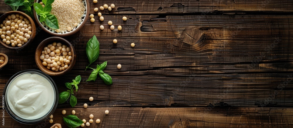 Aufkleber various soy products arranged on a dark wooden surface for a flat lay composition with an available 