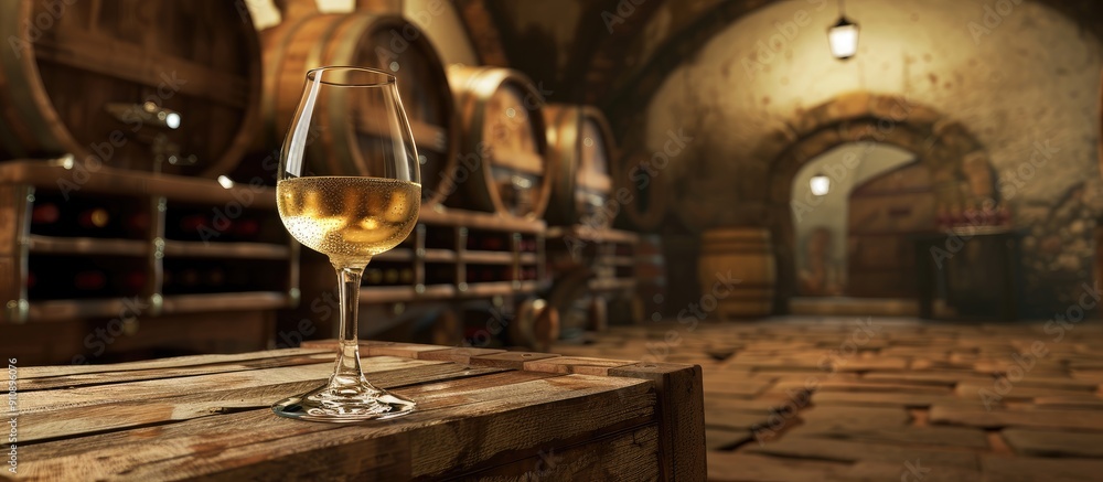 Poster old winery setting with a wine glass on a wooden box creating a rustic ambiance ideal for text place