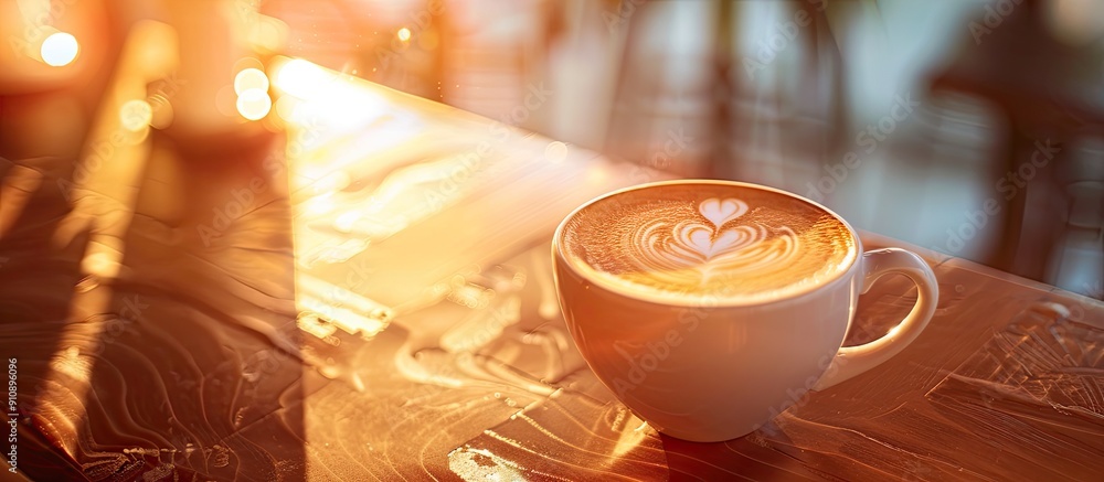 Aufkleber latte art coffee in heart shape with a blurred background on a table with selective focus ideal for 