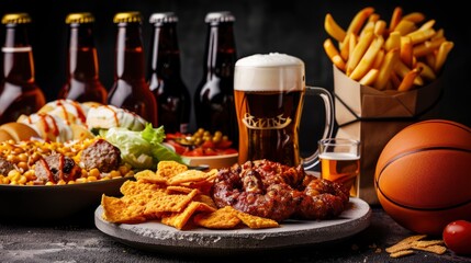 Beer In A Bottle And Snacks On A Grey Concrete Table With A Basketball Ball, Perfect For Game Night Food, Wallpaper Pictures, Background Hd