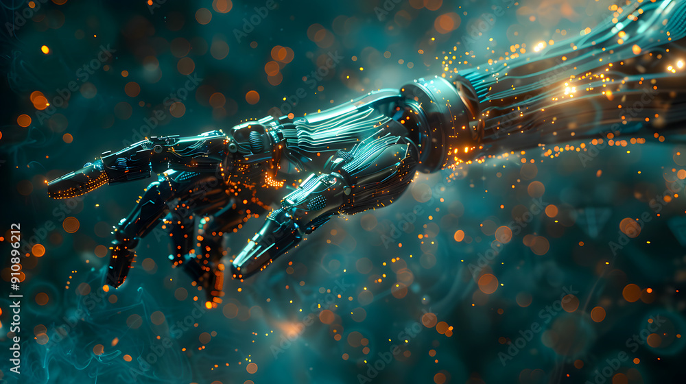 Poster robot hand pressing on virtual digital screen big data connection technology ai machine learning ide
