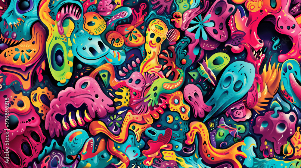 Poster intricate and captivating abstract design, filled with vivid hues and swirling forms, evokes a psych