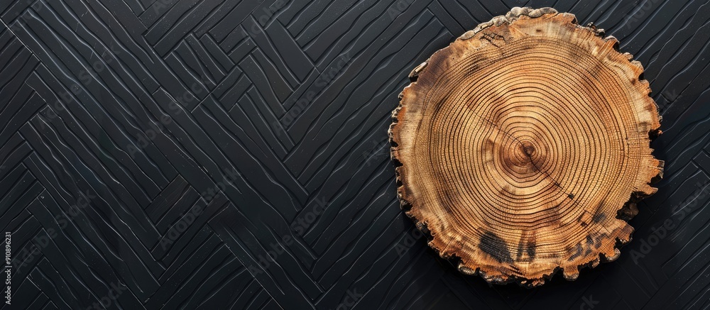 Aufkleber Round tree stump on black zigzag textured backdrop with copy space image showcasing tree rings
