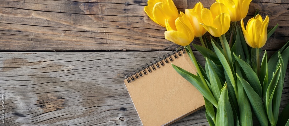 Aufkleber wooden table with notepad and yellow tulips featuring ample copy space image