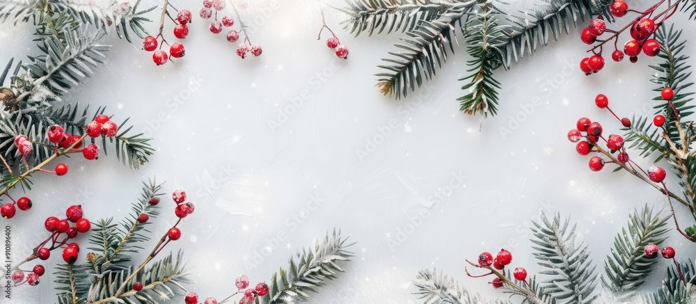 Fototapete New Year floral frame with fir branches creating a festive background featuring a border for adding text in the copy space image