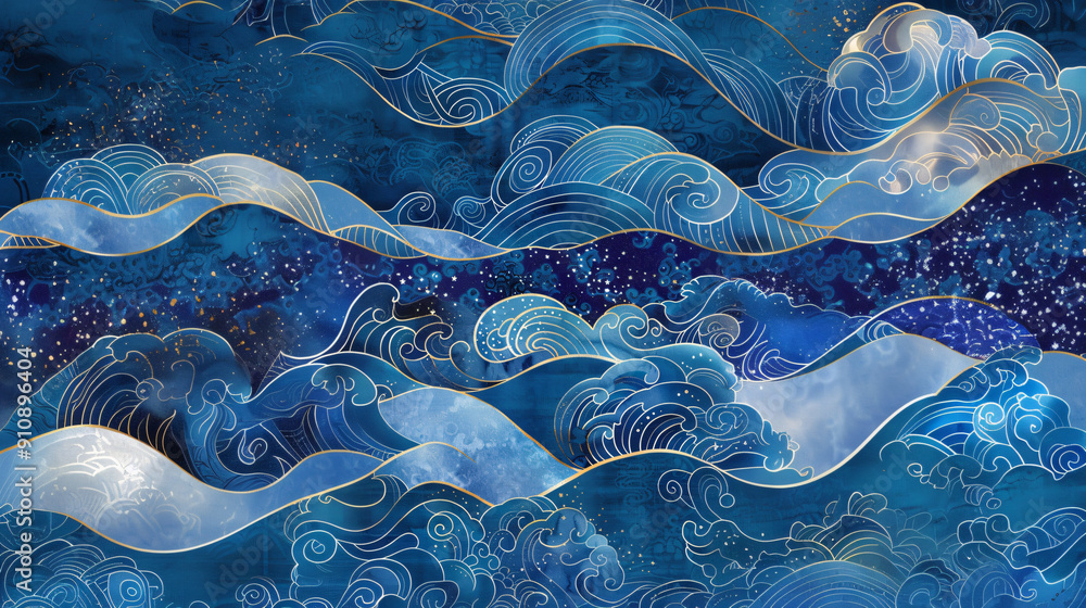 Fototapete Abstract depiction of a wave pattern creating a blue ocean scene with hints of golden lines