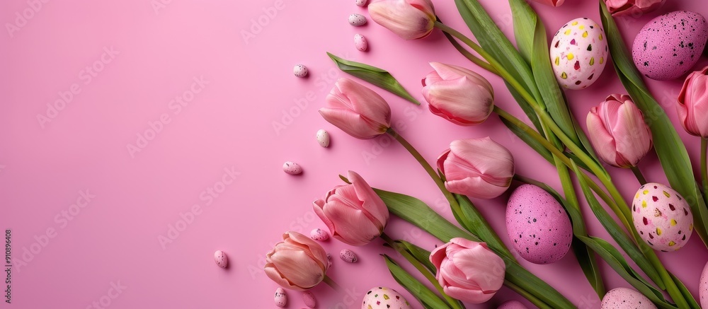 Aufkleber pink tulips and easter eggs viewed from the top on pink background with copy space image available