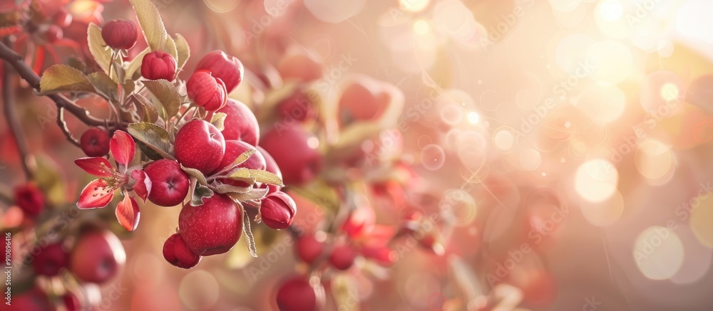 Poster a serene setting showcasing blossoming paradise apples against a muted backdrop perfect for a copy s